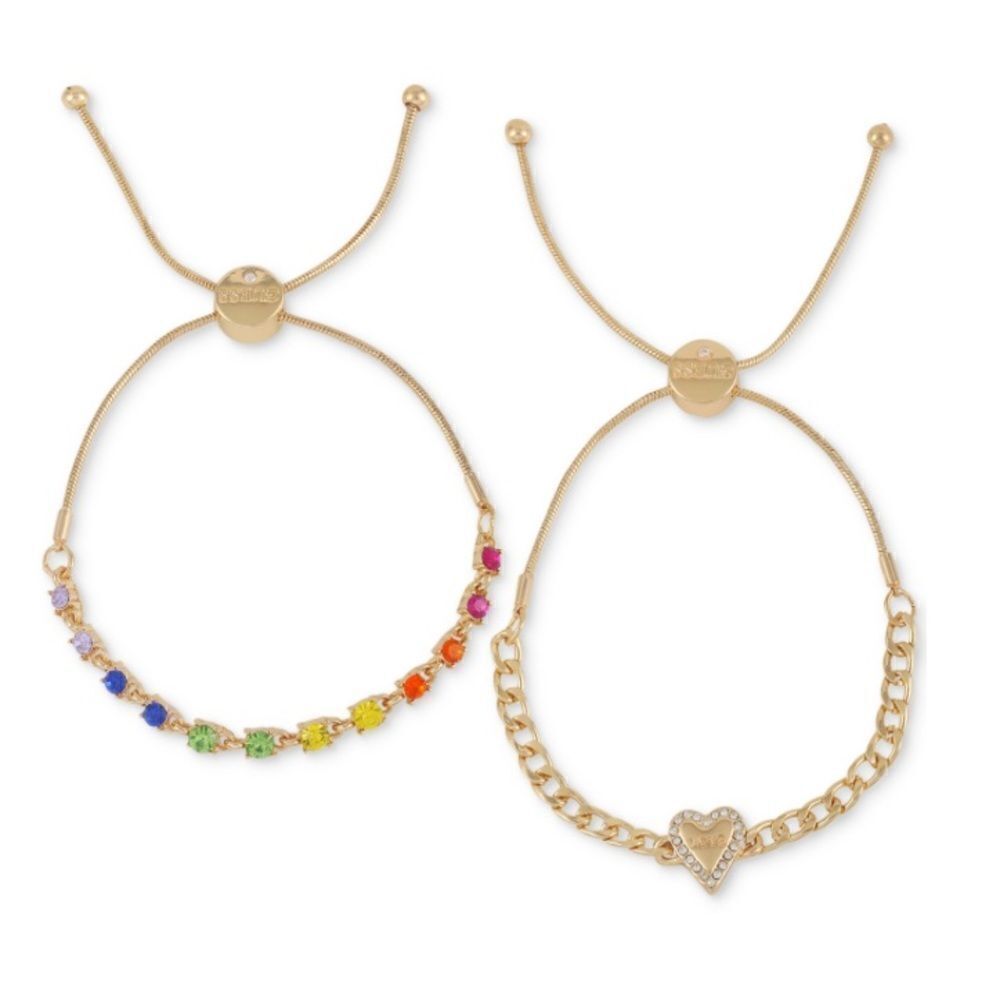 NWT Guess Gold-Tone 2-Pc. Set Crystal Rainbow Love Slider Bracelets